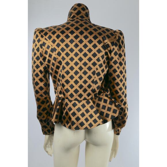 Richard Warren Pure Silk Vintage Peplum Blazer Beige Black Diamond Grid Size 4 - Picture 5 of 15